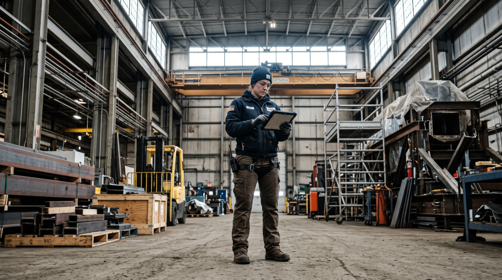 Fabricator on a shop floor reviewing job specifications on a tablet