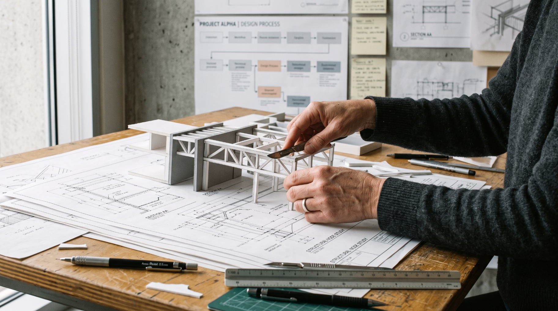 Architect at a study table refining a structural model